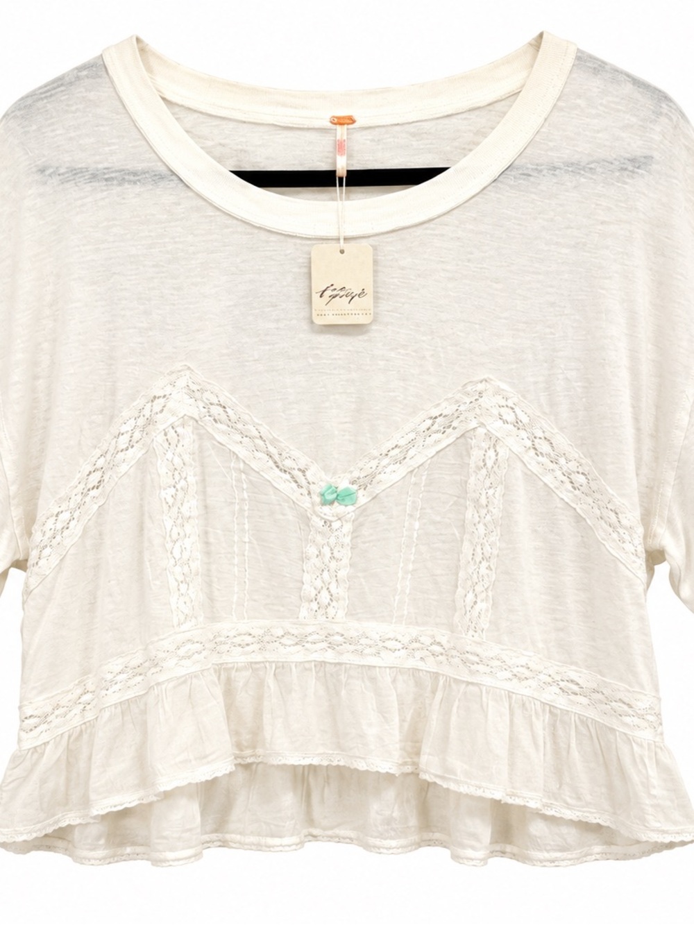 Free People Ivory Lace Ruffle Boho Crop Top Vintage Look Sz medium NWT - Picture 2 of 5